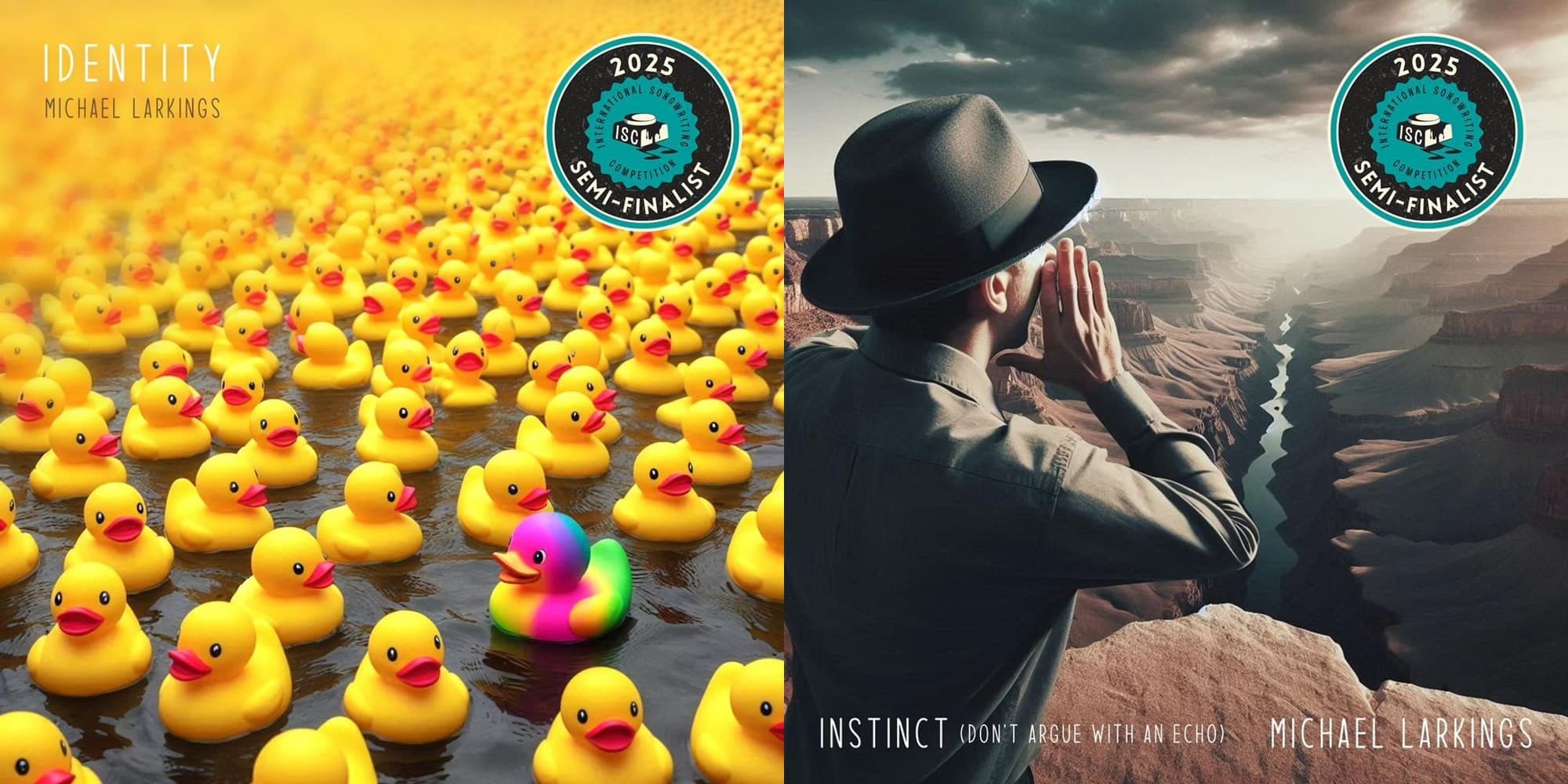 The Identity and Instinct (Don't Argue With An Echo) single artworks side by side, each with the ISC 2025 Semi-Finalist badge